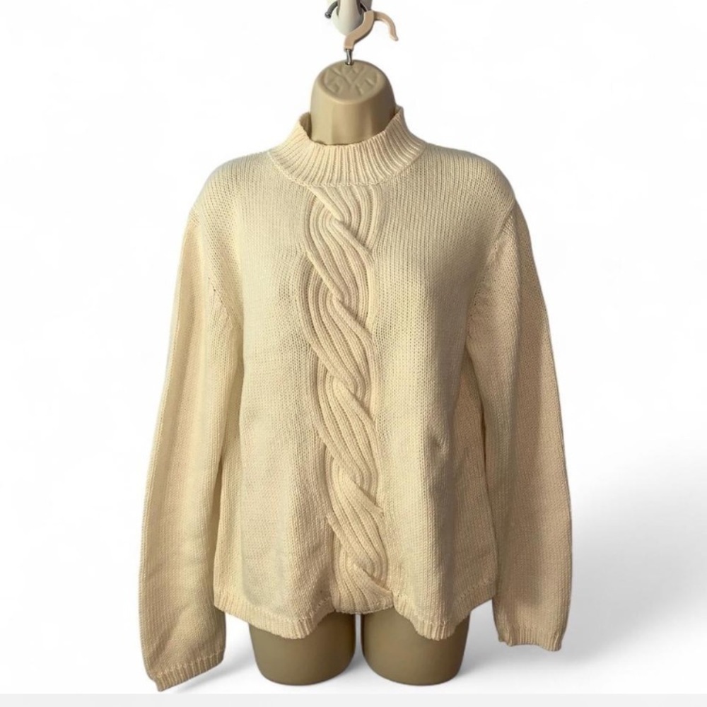 Kate hill casuals Cream Cable Knit Sweater center braid mock neck size XL
